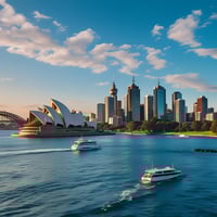 Sydney Opera Binası ve şehir silüeti eşliğinde limanda gezen tekneler, Avustralya'da dil eğitimi ve yaşam atmosferini yansıtan bir manzara.