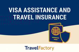 A digital banner titled 'Visa Assistance and Travel Insurance' with bold white text on a blue-to-beige gradient background. An orange passport and shield icon appears on the right, and the Travel Factory logo is displayed at the bottom in blue and orange.