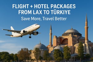 An airplane flying in a clear blue sky approaches Istanbul’s Hagia Sophia, with text promoting flight and hotel packages from Los Angeles (LAX) to Türkiye: “Save More, Travel Better.”