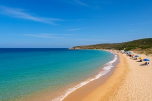 Turquoise waters and golden sands of Ayazma Beach in Bozcaada under a clear blue sky