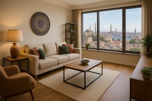 A bright, modern living room with a beige sofa, wooden coffee table, and decorative accents, featuring floor-to-ceiling windows framing the Istanbul skyline with mosques and the Bosphorus.