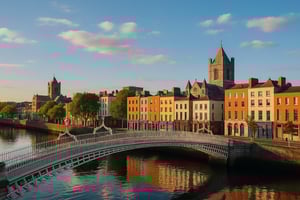 Dublin'deki Ha'penny Köprüsü, Christ Church Katedrali ve renkli tarihi binalarla çevrili şehir manzarası, İrlanda’da dil eğitimi için ikonik bir görüntü sunuyor.