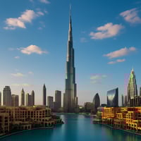 Dubai şehir silueti, Burj Khalifa ve gökdelenlerle çevrili modern yapılar arasında gün batımı ışığında parlayan ikonik bir manzarayı gösteriyor. İngilizce eğitimi için cazip ve çağdaş bir şehir atmosferini yansıtıyor.