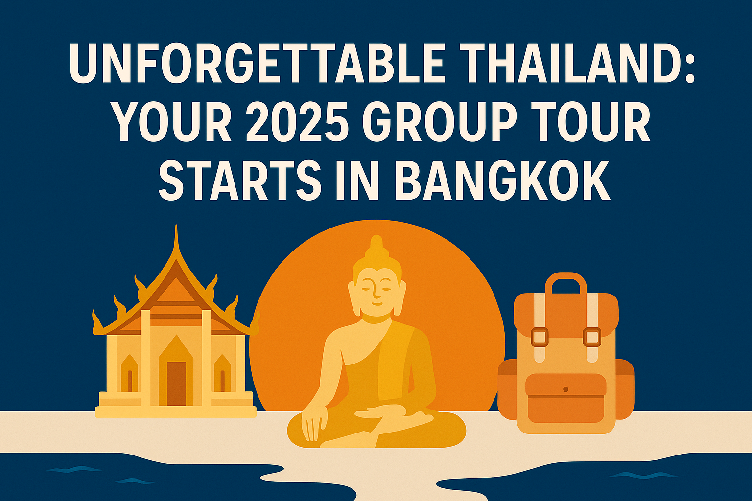 A promotional digital banner with the text 'Unforgettable Thailand: Your 2025 Group Tour Starts in Bangkok' in bold white letters on a deep blue background. Below the text, minimalist illustrations depict a traditional Thai temple, a golden Buddha statue, and a travel backpack set against a sunset with beige and orange tones, representing the start of a group tour.