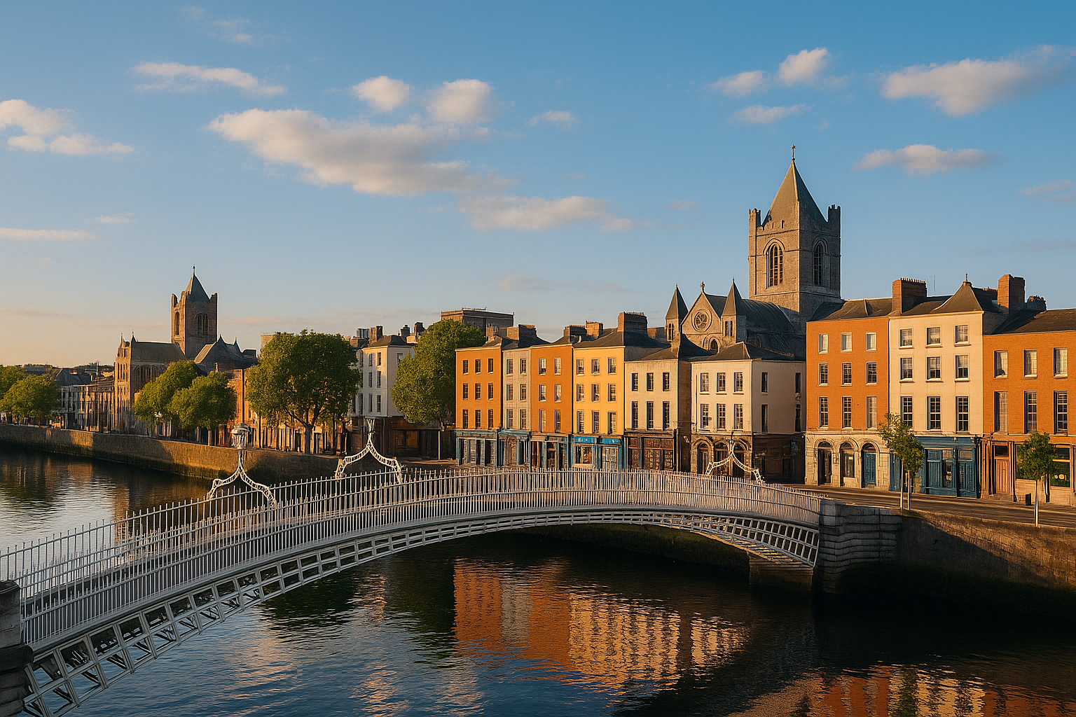 Dublin'deki Ha'penny Köprüsü, Christ Church Katedrali ve renkli tarihi binalarla çevrili şehir manzarası, İrlanda’da dil eğitimi için ikonik bir görüntü sunuyor.